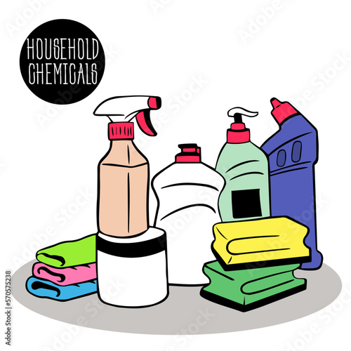 Cleaning services. Vector concept with household items and cleaning products. Sanitary-hygienic and chemical products. Spray, sponge and brush, gel, equipment for homework. cleaning agent. bottle