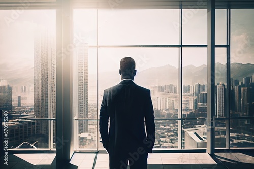 Canvastavla Back view of businessman suit standing at office looking at city through panoramic window