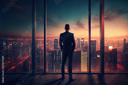 Fotografiet Back view of businessman suit standing at office looking at city through panoramic window