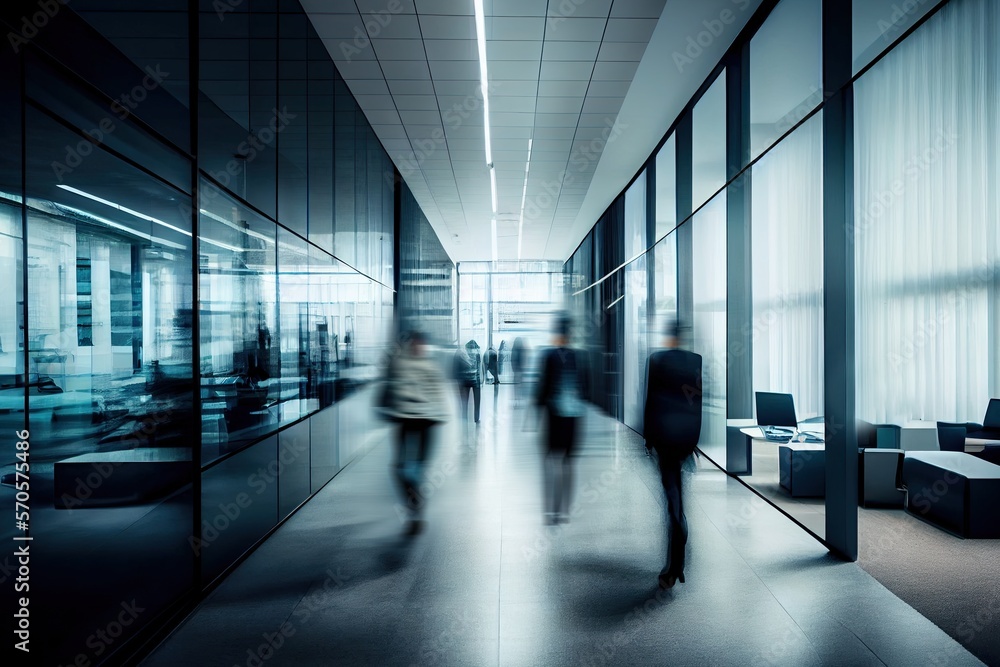 Long exposure shot of modern office lobby with business people. Generative AI Long exposure shot of modern office lobby with business people. Generative AI