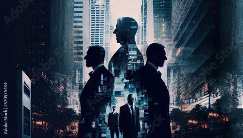 Double exposure illustration of silhouettes of business team people on city background. Generative AI