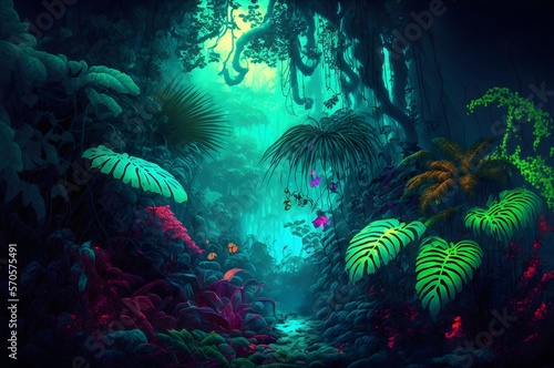 Neon Rainforest with many carnivorous plants and dense vegetation