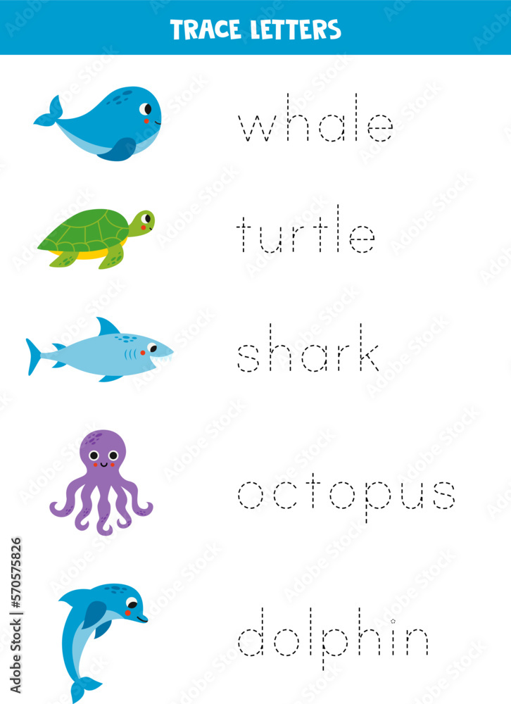 Tracing letters with cute sea animals. Writing practice.