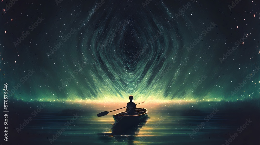 boy rowing a boat in the sea of the starry night with mysterious light