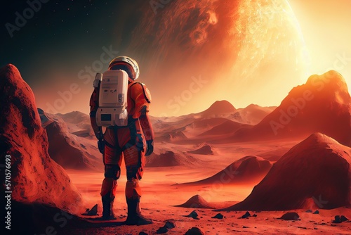 Astronaut in space suit on Mars exploration mission, concept of colonization, discovery, space travel. Generative AI