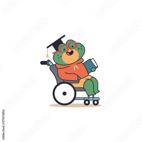 Cute student frog teeneger in wheelchair vector cartoon funny animal character isolated on a white background.