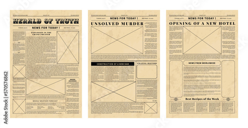 Old news paper template. Newsletter headline. Advertising page. Text edition. Header and article style. Nostalgic fonts. Photo frames. Newspaper sheets design set. Vector design background