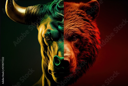 Bull versus bear in suits facing each other, trading on forex concept. Bullish vs bearish trend. Generative AI