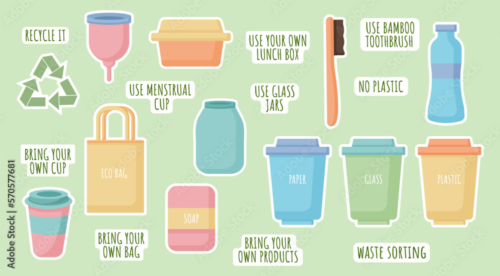 Zero waste stickers. Eco style, go green Zero waste stickers. Eco style, go green