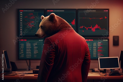 Bear in red suit with downtrend candlestick charts on monitors, bear market, trading volatility and recession concept. Generative AI