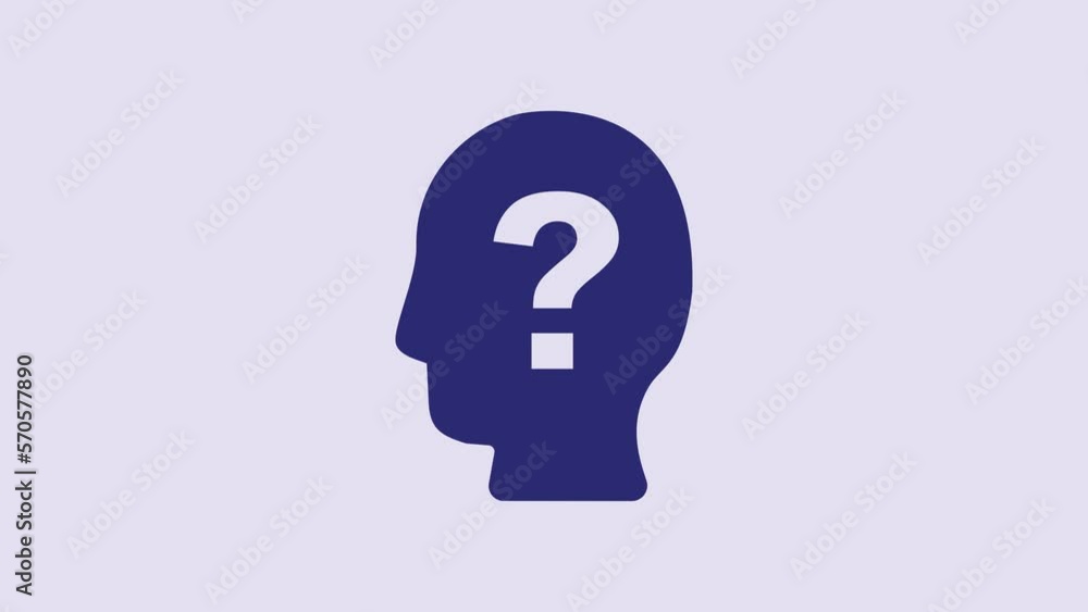 Blue Human head with question mark icon isolated on purple background. 4K Video motion graphic animation