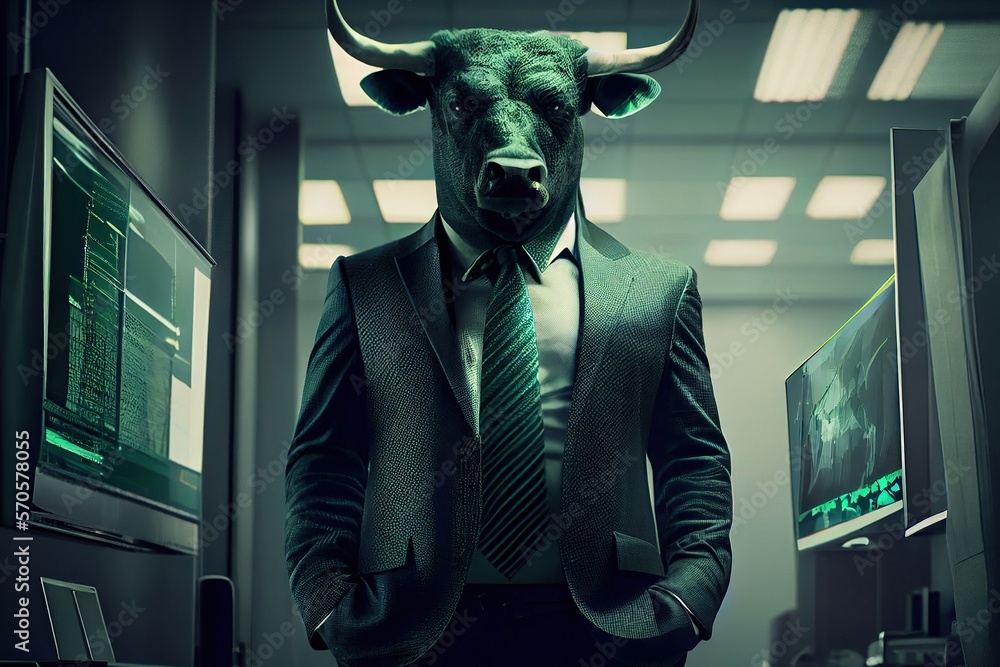 Bull market. Bull in suit with green candlestick charts on monitors in Wall Street office, growth uptrend in trading. Generative AI