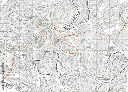 Old topographic map. Vintage geology. Line topography contour rocky relief. Depth climbing research. Geographic terrain. Route navigation. Topo grid backdrop. Vector abstract background