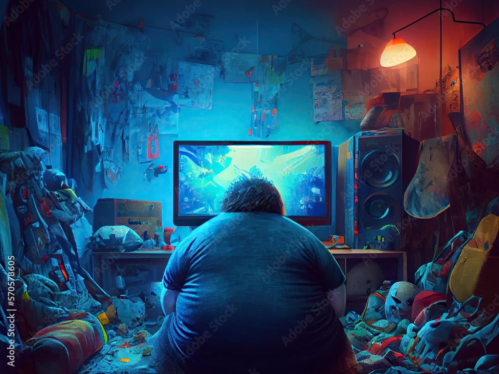 Video Game Addiction Back View Of Obese Man Sitting On Floor With video-game-addiction-back-view-of-obese-man-sitting-on-floor-with