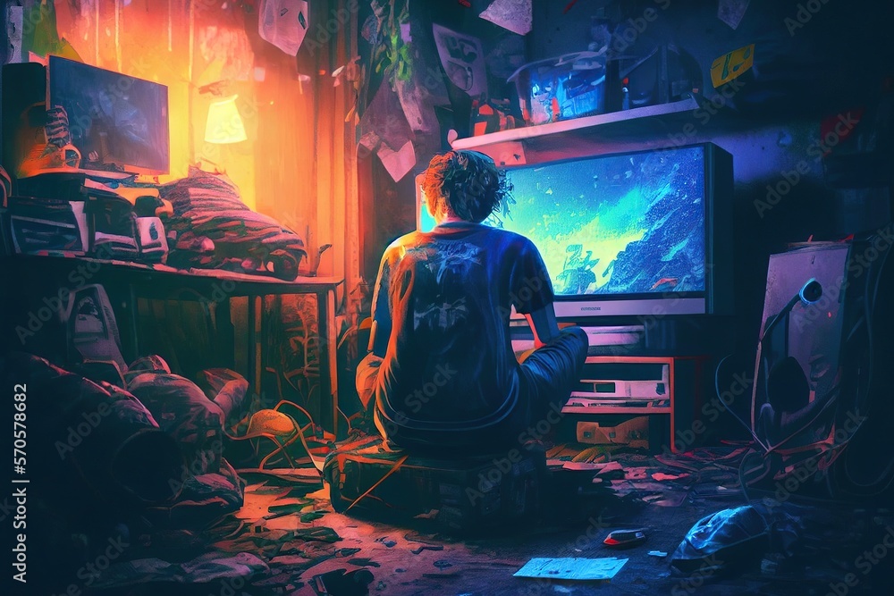 Video game addiction. Back view of man sitting on floor with trash and ...