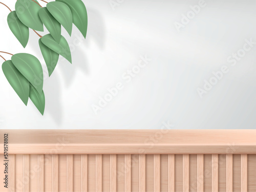 3d podium  nature background  empty cosmetic display. Beauty wood product stand  minimal wooden floor  plant leaf  presentation. Museum exhibition pedestal. Vector realistic illustration