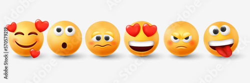 3d emoticon, expression emoji, yellow round funny smiles. Romantic and surprise balls with eyes and mouth, joy heart render, happy smiling faces, good mood. Vector illustration isolated objects