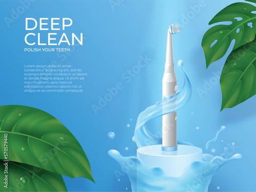 3D toothbrush ad. Water splash. Electric tooth brush on podium. Minimal concrete display. Fresh summer blue sky. Dental health. Oral routine. Vector realistic advertising banner design