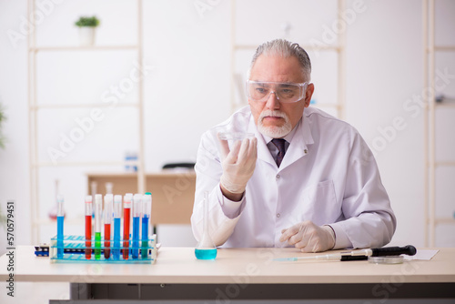 Old male chemist working in the lab