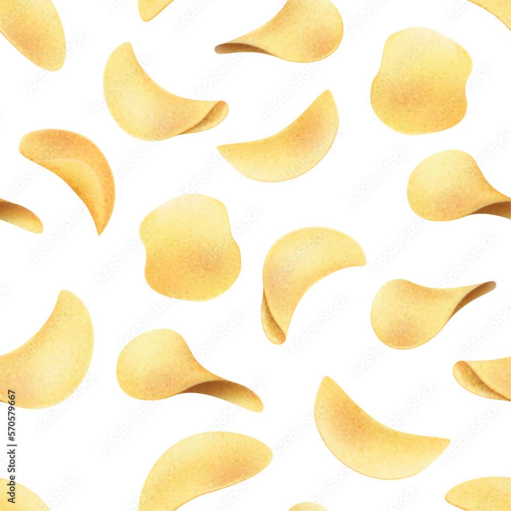 Potato chips, food party pattern. Cooking diet meal, snack collage, baked or fried vegetable pieces, lunch from market. Product wrapping or packaging design vector seamless background Potato chips, food party pattern. Cooking diet meal, snack collage, baked or fried vegetable pieces, lunch from market. Product wrapping or packaging design vector seamless background