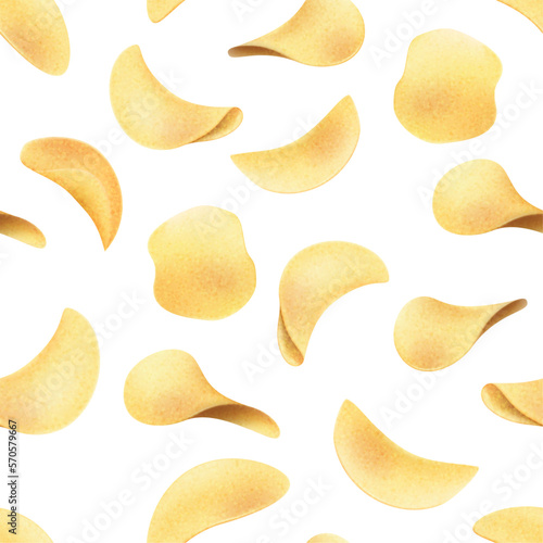 Potato chips, food party pattern. Cooking diet meal, snack collage, baked or fried vegetable pieces, lunch from market. Product wrapping or packaging design vector seamless background
