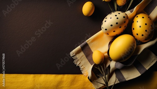 Easter banner with painted eggs and napkin on dark  backround. Top view, flat lay with copy space, Ai generative