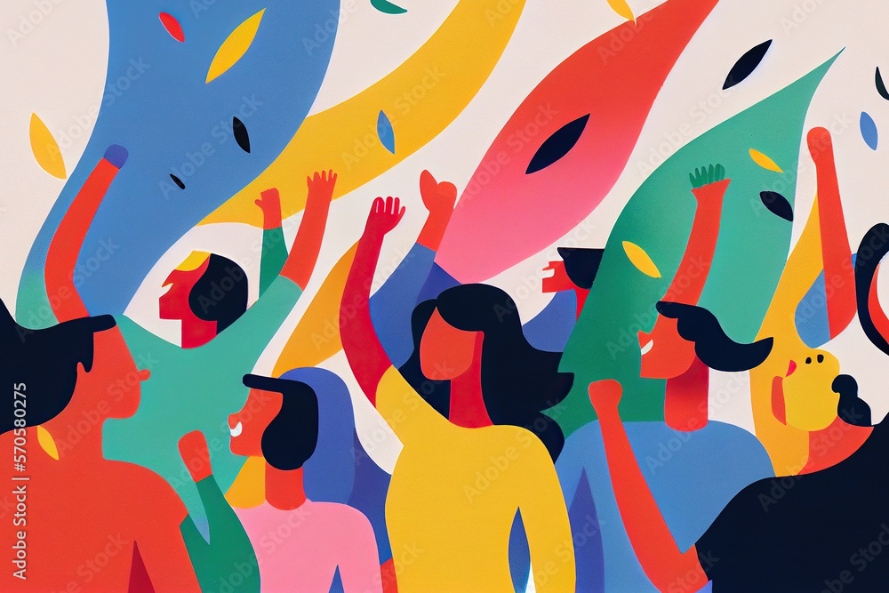 Minimalist art illustration of people celebrating victory, raising fists with excitement. Generative AI - obrazy, fototapety, plakaty 