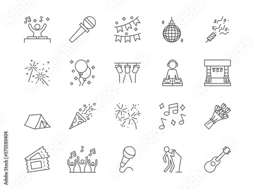Music event. Concert icons. Festival entertainment. Singer on party. Tent and microphone. Musician performance. DJ disco. Confetti cracker. Fireworks symbols. Vector line pictograms set