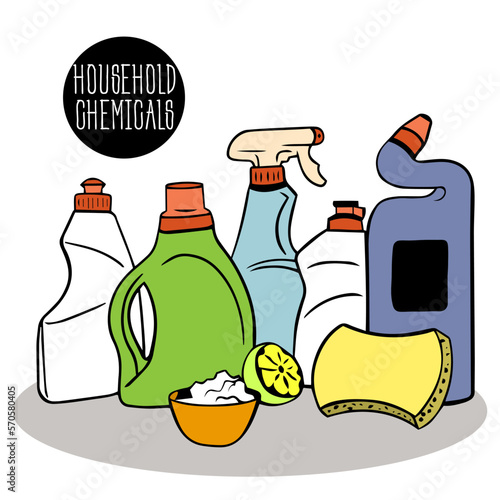 Cleaning services. Vector concept with household items and cleaning products. Sanitary-hygienic and chemical products. Spray, sponge and brush, gel,