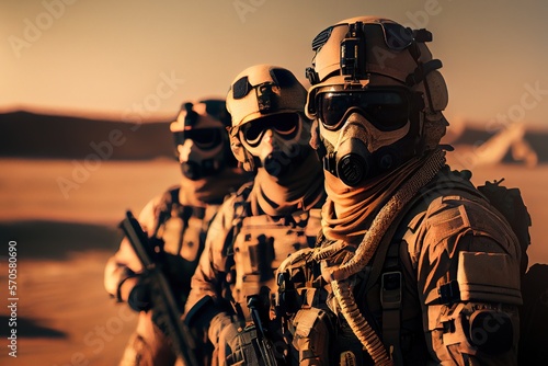 Special forces troops in desert wearing futuristic ammunition. Generative AI