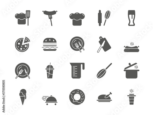 Food icons. Cook silhouette pictograms. Restaurant kitchen. Chef recipe. Eat from plate or pot. Cookbook and oven. Sausage on fork. Donut and ice cream. Vector culinary symbols set