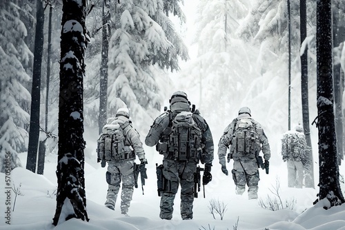Fototapete Special forces on winter mission, under the snow, arctic squad of armed northern soldiers