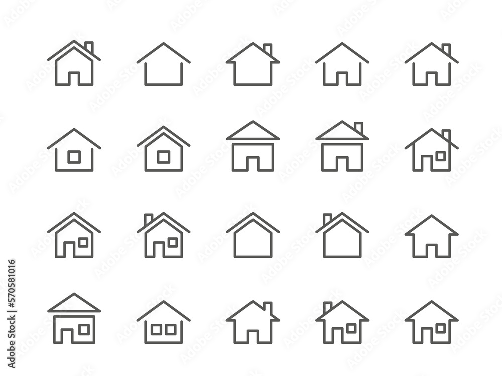 Home complex. Residential building. Architecture outline signs. Patria house. Real estate. Casa icons. Basic mansions in habitat. Homely or homepage button symbols. Vector pictograms set