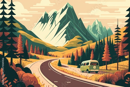 Camping Van in den Alpen - Straße mit Wohnmobil grün - Kunst Illustration Generative AI photo