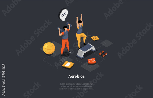 Concept Of Sports Activity, Aerobics And Physical Exercises. Characters On Apparatus Make Excercises With Dumbbells And Step Platform. Fitness Workout In Gym. Isometric 3d Cartoon Vector Illustration