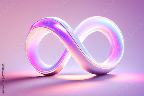 Holographic infinity symbol on pink background. Generative AI