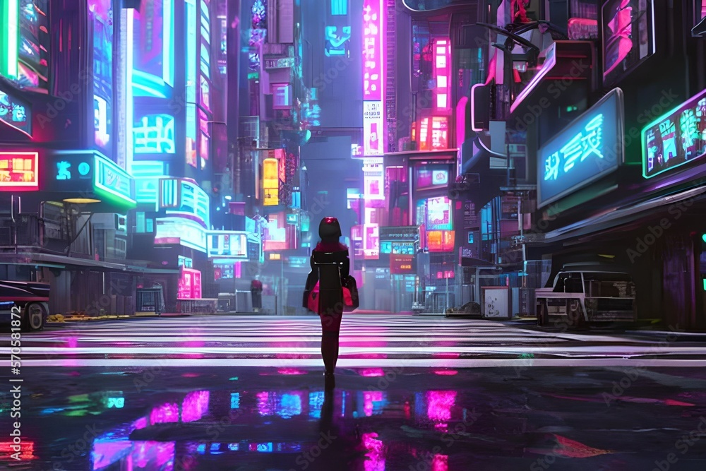 A girl standing  in a cyber city, colorful , high resolution , 4k.