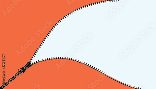 Tailor zipper. Clothing fastener. Detailed zip. Ziplock for clothes. Casual apparel. Metal teeth. Black metal pouch on orange textile. Fabric fastening. Vector blank background concept