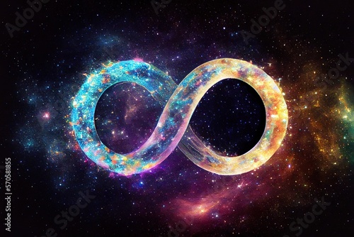 Infinity symbol made of stars and galaxy, representing eternity of universe, esoteric illustration. Generative AI