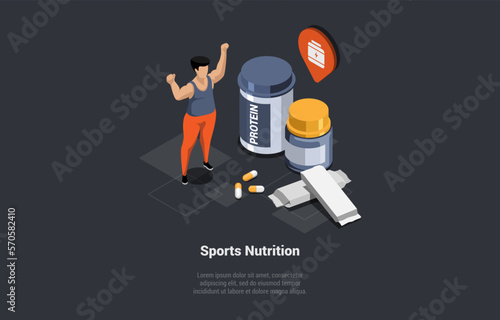 Concept Of Healthy Eating And Lifestyle And Sports Nutrition. Exercise and Nutrition Program Plan. Male Character Does Sports And Adheres to Sports Nutrition. Isometric 3d Cartoon Vector Illustration