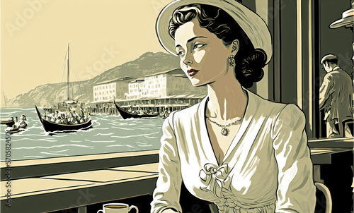 Ilustración de una mujer tomando un café al lado del mar, estilo acuarela, siglo XIX, creada con IA generativa photo