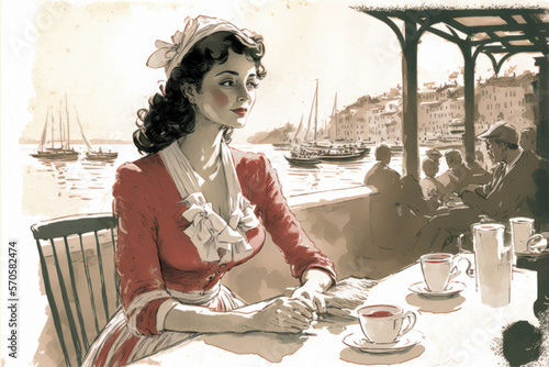 Ilustración de una mujer tomando un café al lado del mar, estilo acuarela, siglo XIX, creada con IA generativa photo