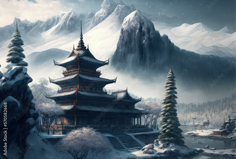 Gran templo budista en una montaña nevada un día de invierno, creado con IA generativa