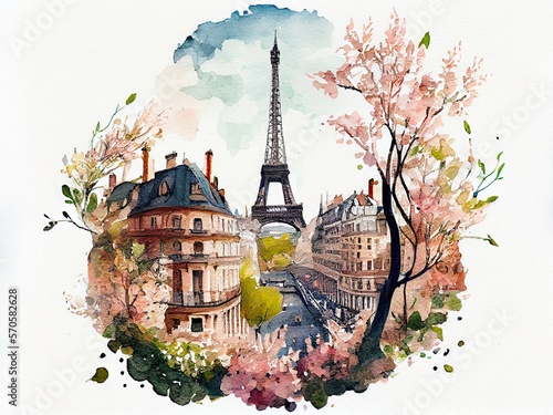 Panoramic view painting of spring Paris with Eiffel Tower, postcard watercolor illustration. Generative AI