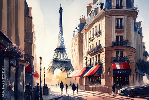 Fototapeta Naklejka Na Ścianę i Meble -  Watercolor painting of Paris street with Eiffel Tower on background. Generative AI