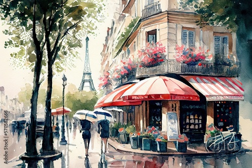 Fototapeta Naklejka Na Ścianę i Meble -  Watercolor painting of Paris street with Eiffel Tower on background. Generative AI