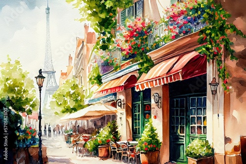 Fototapeta Naklejka Na Ścianę i Meble -  Watercolor painting of Paris street with Eiffel Tower on background. Generative AI