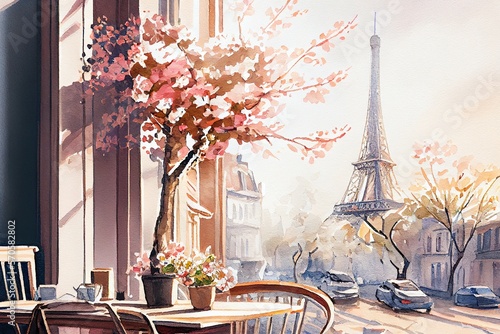 Fototapeta Naklejka Na Ścianę i Meble -  Watercolor painting of cherry blossom in Paris with Eiffel Tower on background. Generative AI