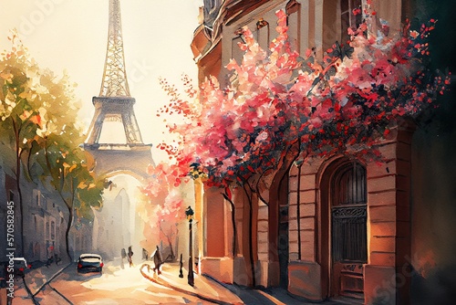 Watercolor painting of cherry blossom in Paris with Eiffel Tower on background. Generative AI