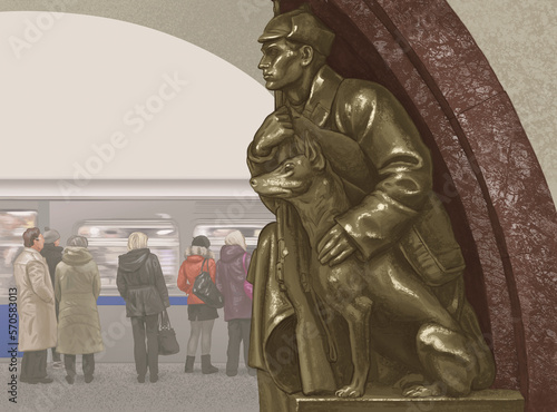 Statue of a dog trainer with his dog at the Moscow metro station